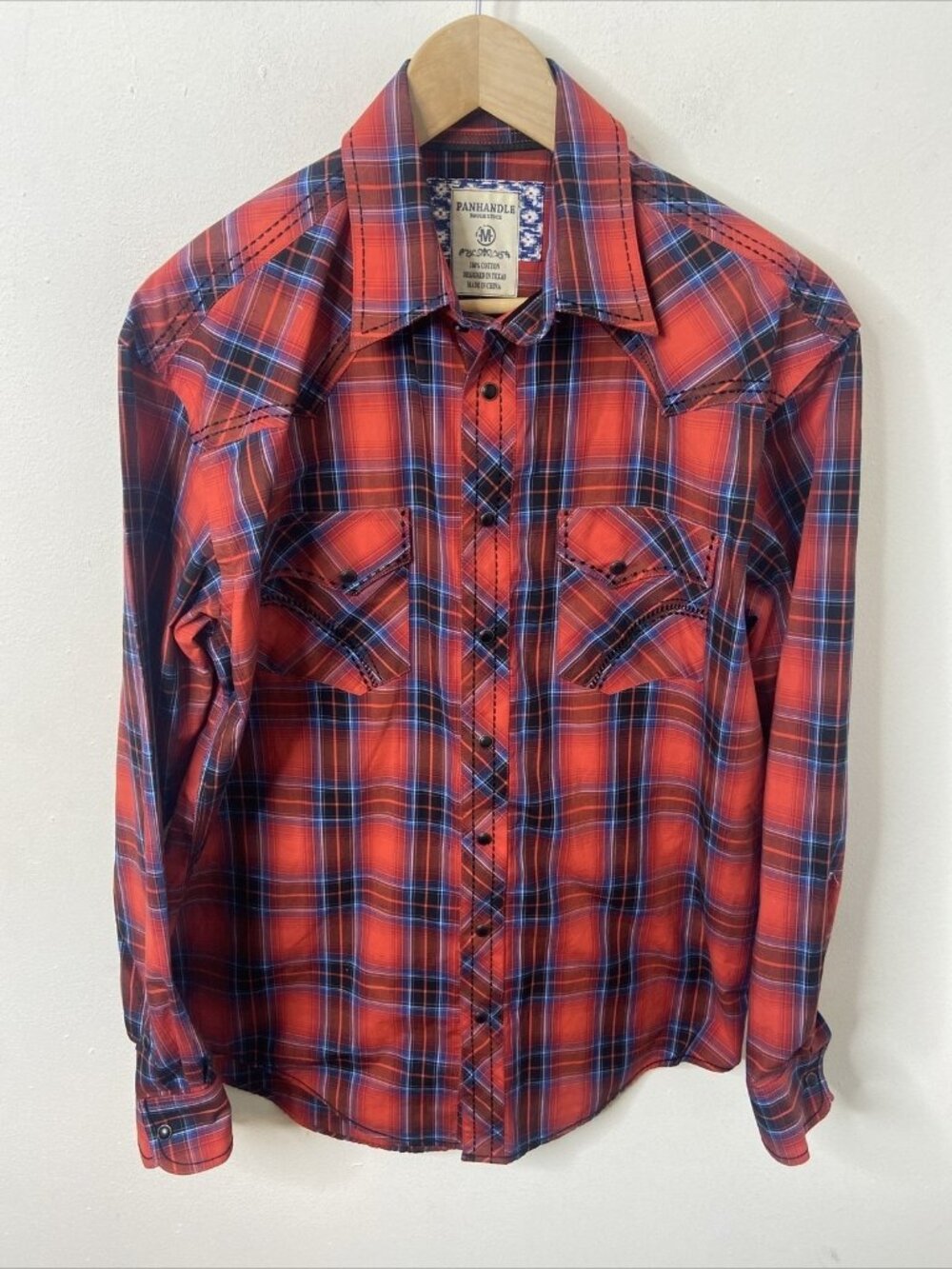 Panhandle Rough Stock Pearl Snap Button Front Western Cowboy Shirt Men M Red